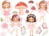 Fototapeta Pokój dzieciecy - Watercolor Illustration Set of Beautiful Pink Fairy with Butterflies, Mushroom and Plants
