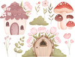 Watercolor Illustration Set of Fairy House and Flowers