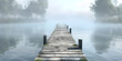Wooden footbridge on lake with thick mist foggy air over water. Early chilly morning in late autumn.   quote or sayings. Concepts peaceful, mindfulness, secret, nature fogy background 