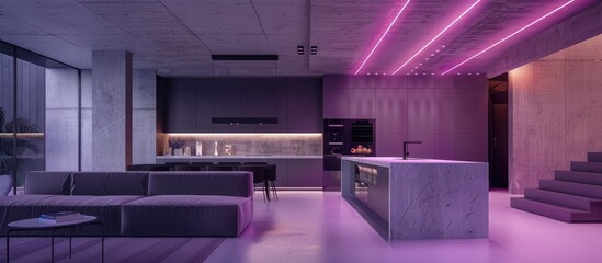 Wall Mural - Minimalist House Interior with Concrete and Metal Elements and Neon Lighting