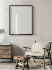 Wall Mural - A white framed picture hangs on a wall in a room