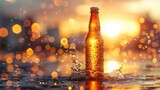 Create a captivating image featuring a beer bottle positioned on the water's surface, surrounded by rising water droplets from the impact.  