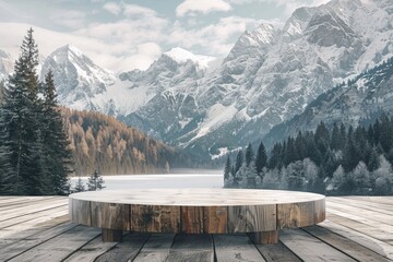 Wall Mural - A wooden platform sits on a wooden deck overlooking a lake and mountains