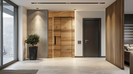 Sticker - Modern entrance door with wood effect, Wall covering. Generative AI