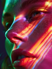 Wall Mural - A woman's face is illuminated by a rainbow of colors, creating a vibrant