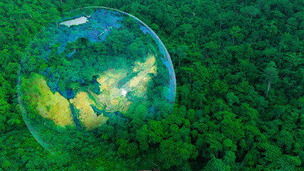 Wall Mural - Atmospheric aerial view of the green forest with the earth Demonstrate the concept of preserving the top ecosystem and natural environment and Save Earth.	
