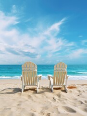 Two white beach chairs are facing the ocean