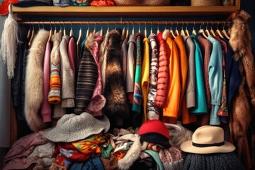 Wall Mural - A closet full of clothes and hats, with a hat on the floor