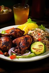 Canvas Print - A plate of food with chicken, rice, and vegetables