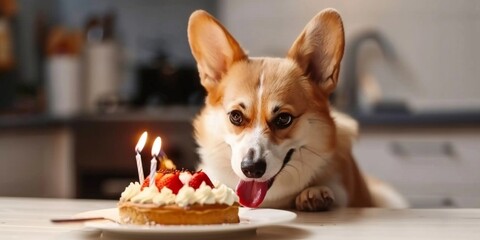 Wall Mural - A Corgi dog staring at a birthday cake with brightly burning candles, ready to celebrate a special occasion