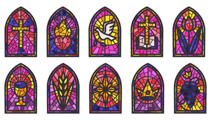 Poster - Church glass windows. Stained mosaic catholic frames with cross, book and religious symbols. Vector set isolated on white background