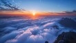 The sun rises from behind Mount Tai.The sea of clouds is like a fairyland 
