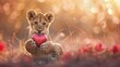 Adorable lion whelp introducing heart molded gift on obscured enchanted background for valentine day