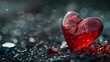 a wrecked red heart on the black-top glass heart broken into little pieces bokeh background