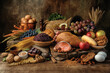 A photo of various foods including fruits, vegetables and grains arranged on top of an old wooden table with some kitchen utensils in the background