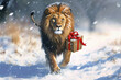 a lion carrying a gift box in winter