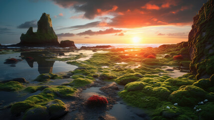 beautiful sunrise with green moss covered rocks boulders on the beach,Sea waves lash line impact rock on the beach, Sunrise twilight with stone at beach