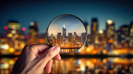 Businessman Realtor Examining City With Magnifying Glass