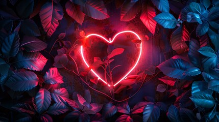 Frame love neon valentine glowing heart on background of leaves and branches