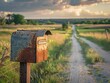 An old iron mailbox at the end of a winding country road, sunset  soft focus, low angle, 