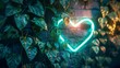 Neon light love heart sign shining on green leaf wall