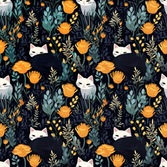 Wall Mural - The cat hid in the flowers. Seamless illustration for print on any surface.