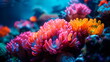 Macro shot of a colorful coral reef, capturing the vibrant hues and intricate structures of the underwater ecosystem. Generative AI