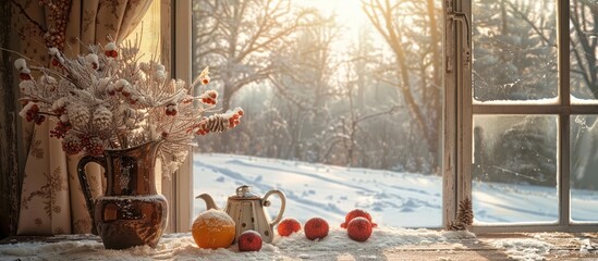 Sticker - Winter-themed table and window view.