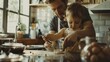 A father teaching his young child to bake in a sunlit kitchen, ideal for family, food, or educational content.