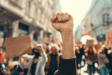 Wall Mural - Close up of a fist raised in the air at an outdoor political protest