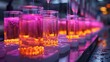 Row of magenta shot glasses on bar filled with pink liquid