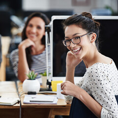 Sticker - Happy, office and portrait of woman coworking with team on creative project in Brazil company. Excited, employee and person with a smile for productivity on collaboration in workplace with teamwork