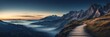 Beautiful panoramic night mountain cliff landscape with wooden path nature banner poster background backdrop from Generative AI
