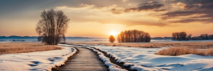 Wall Mural - Beautiful panoramic sunset winter landscape with wooden path nature banner poster background backdrop from Generative AI