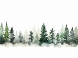 Fototapeta Las - Watercolor Tree Line: White Pine on White in Dark Green and Light Gray Style - XmasPunk Panorama Generative AI