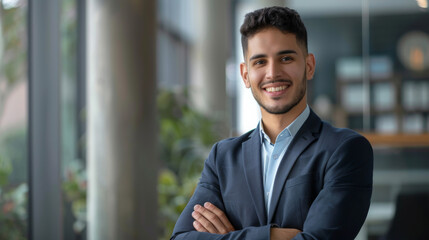 Smiling elegant confident young professional Latino hispanic business man , male proud leader, smart Latin businessman lawyer or company manager executive looking at camera standing in office