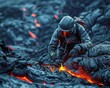 Volcanologist sampling lava, protective gear, vibrant molten flow, 