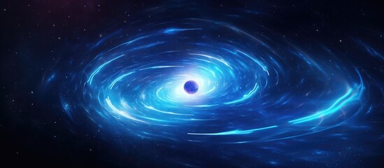 an astronomical object known as a black hole is situated in the center of a blue galaxy in space, su
