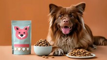 Cute Border Collie Has A Bag Of Dog Food Next To It. Indicates Liking And Being Happy The Food Bags Have A Cute, Minimal Design On A Clean, Light-colored Background.
