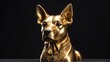 Gold dog statue on plain black background facing forward from Generative AI