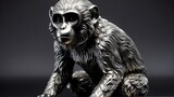 Fototapeta  - Shiny silver monkey statue on plain black background facing forward from Generative AI