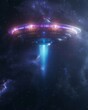 Alien UFO, energy burst in deep space, frontal view, pulsating lights, stark, cold hues , 3D render