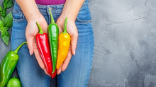 A Woman Is Holding Three Peppers In Her Hand, One Of Which Is Green, One Is Red, And One Is Yellow
