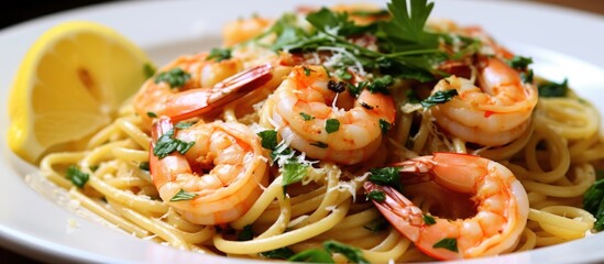 Wall Mural - A classic dish of seafood cuisine featuring shrimp and noodles on a white plate, garnished with a slice of lemon. A staple food made with fresh ingredients