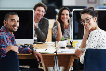 Leinwandbilder - Happy, portrait and teamwork in office at computer for planning collaboration with notes or research. Staff, cooperation and employees coworking on creative project with pride and confidence in work