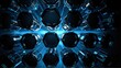 Bright abstract blue hexagon shaped rays lights on plain black background from Generative AI