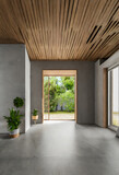 Fototapeta  - Modern contemporary loft empty room with open door to garden 3d render. Generative AI.