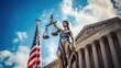 © Dusit - A statue of a lady justice and a American flag behind her.