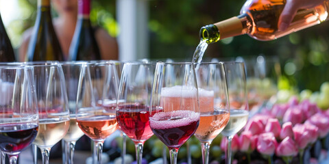 Various types of wine are being poured into multiple glasses at a wine tasting event