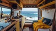 interior of a van parked on a beach with the ocean in the distance life on the road concept nomadic lifestyle Canary Islands